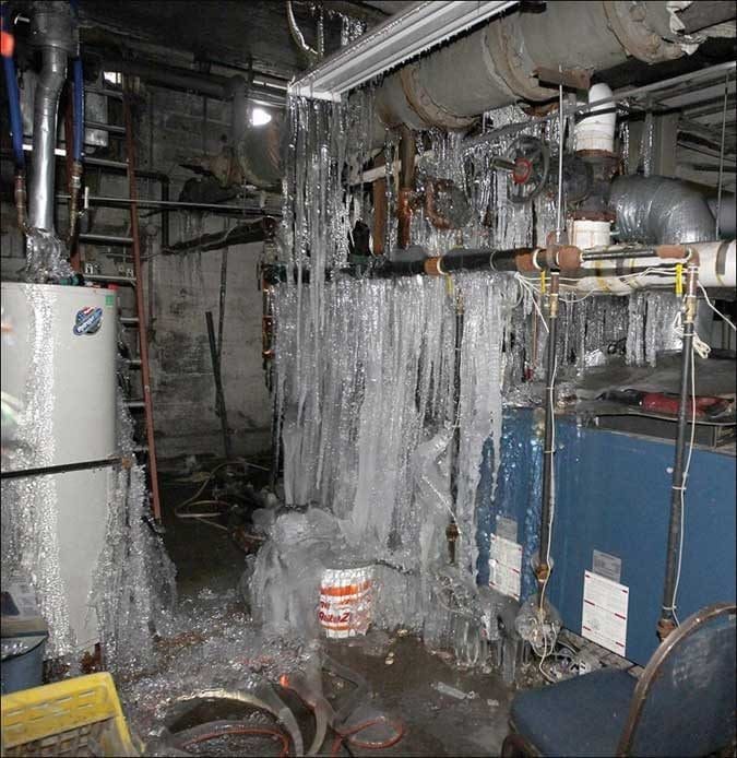 Water pipes bursting and freezing in a winter storm. 