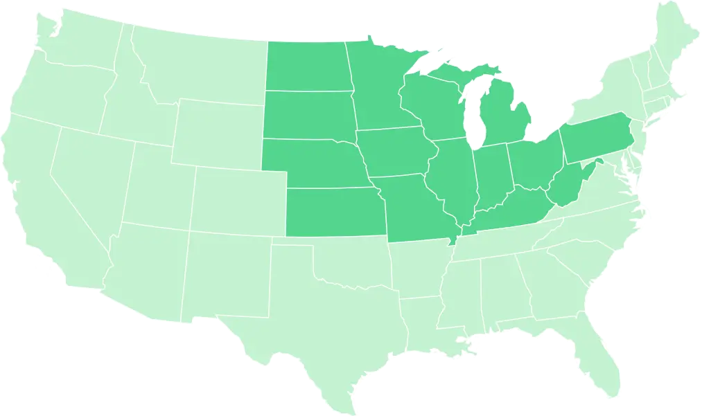 United States Map with service areas highlighted