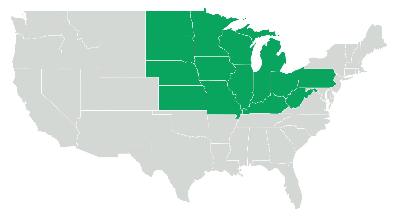 Map of the United States, showing states listed below colored in green